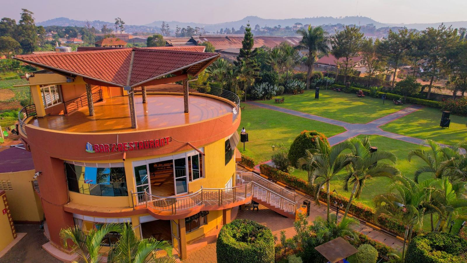 Bar and restaurant building at sunset