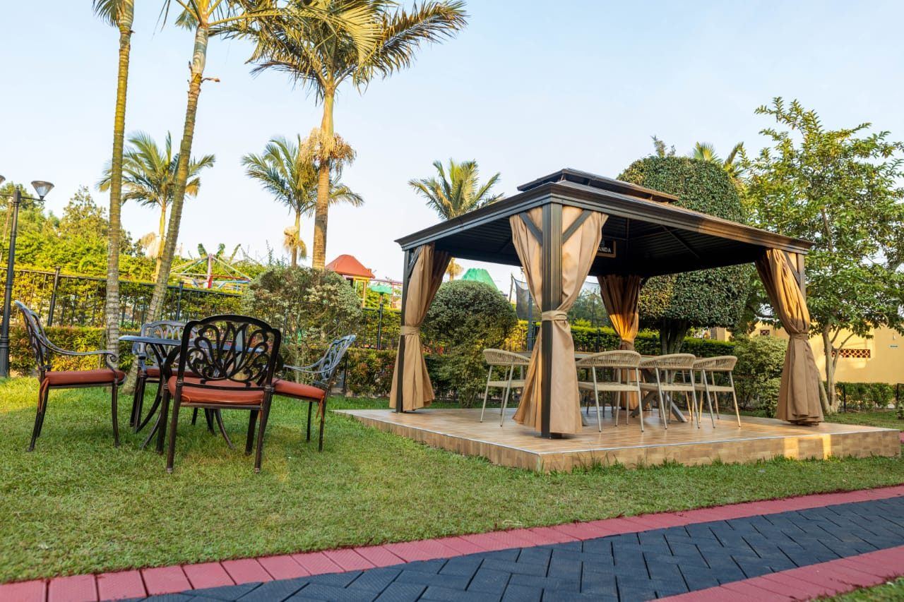 Garden gazebo seating area by day